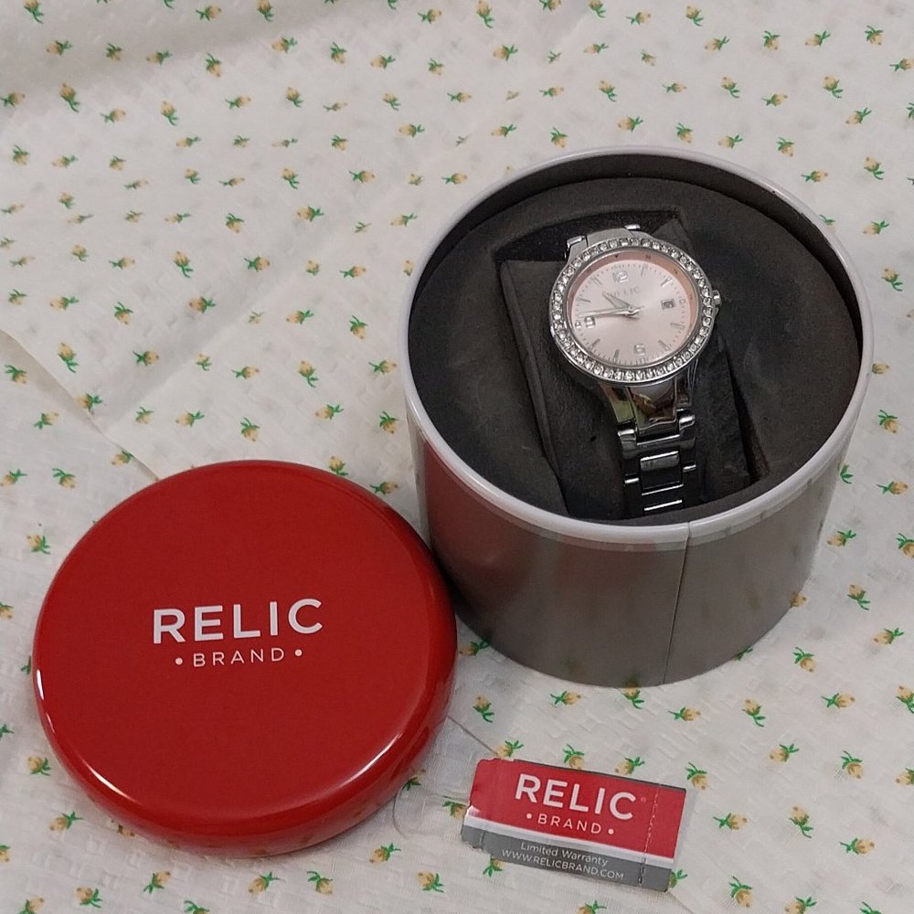 2949 Ladies Relic brand Watch, Rhinestones and Pick Pearl Face. Comes with case. - Picture 1 of 6